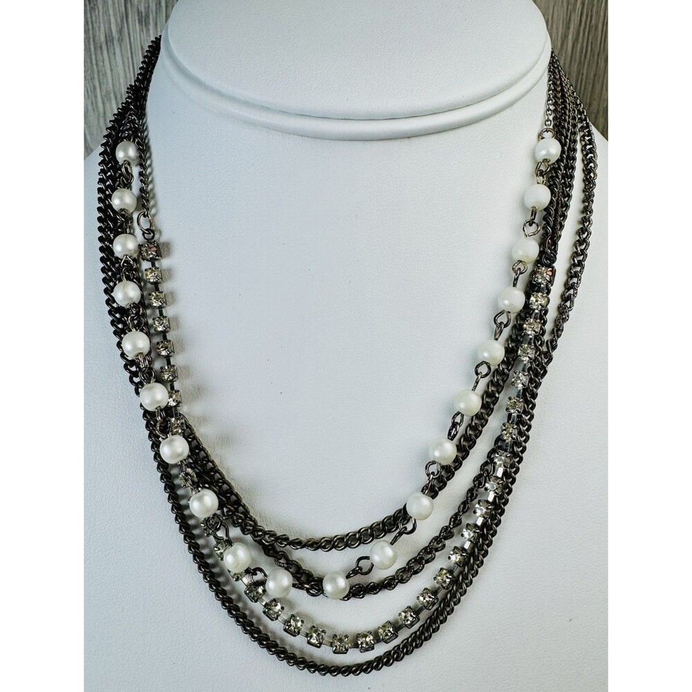 Aeropostale Necklace Five Strand Rhinestone Faux Pearl Aged Silver Tone